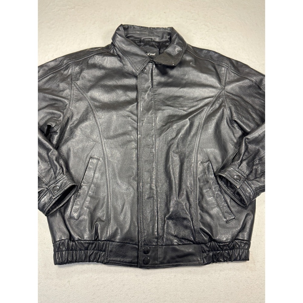 Vintage North Crest Leather Motorcycle Jacket‎ Mens Large Black Lined Full Zip